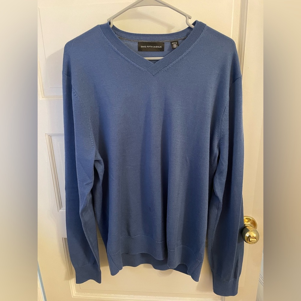 Saks Fifth Avenue V-Neck Pullover Sweater, Men's Size Wool Blend, Royal Blue